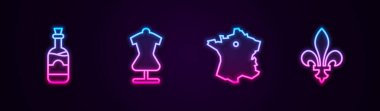 Şarap şişeleri, manken, harita Fransa ve Fleur De Lys. Parlayan neon ikonu. Vektör