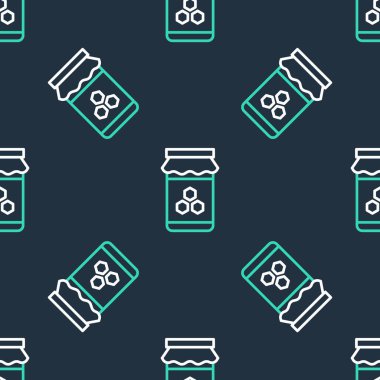 Bal simgesinin çizgi kavanozu siyah arkaplanda izole edilmiş kusursuz desen. Yiyecek bankası. Tatlı doğal gıda sembolü. Vektör