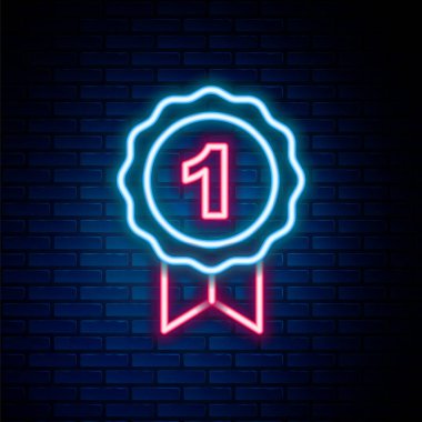 Parlayan neon hattı köpek ödüllü sembol tuğla duvar arkasında izole edilmiş. Köpek ayak izli madalya, evcil hayvan sergisinin kazanan konsepti. Renkli taslak konsepti. Vektör