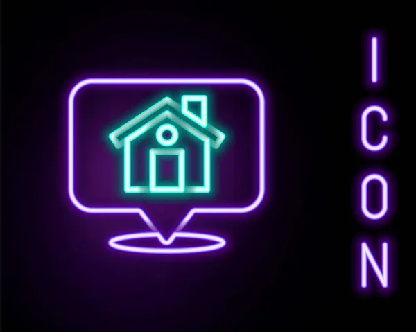 Leuchtender Neonfarbener Kartenzeiger Mit Haussymbol Auf Schwarzem Hintergrund Markierungssymbol Für — Stockvektor
