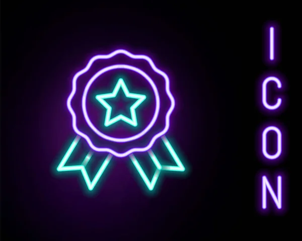 Icona Luminosa Neon Medaglia Isolata Sfondo Nero Simbolo Del Vincitore — Vettoriale Stock