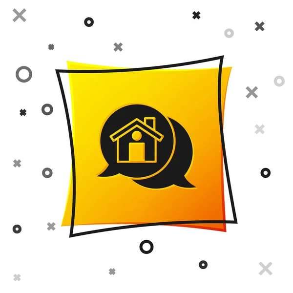 黑色房地产信息屋的语音泡沫图标孤立在白色背景上 黄色方块按钮 — 图库矢量图片