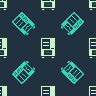 Yeşil ve bej yiyecek ve içecek otomatiği otomatik satış ikonu mavi arka planda izole edilmiş pürüzsüz desen. Vektör