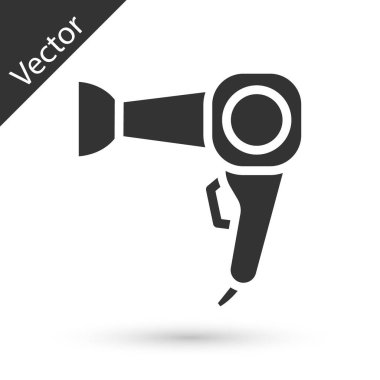 Beyaz arka planda gri saç kurutma ikonu izole edildi. Saç kurutma makinesi tabelası. Saç kurutma sembolü. Sıcak hava üflüyor. Vektör