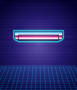 Retro stili uzun aydınlatma floresan enerji tasarrufu ikonu fütüristik manzara arka planı. 80 'lerin moda partisi. Vektör