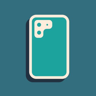 Yeşil akıllı telefon, yeşil arkaplanda izole edilmiş bir cep telefonu simgesi. Uzun gölge tarzı. Vektör