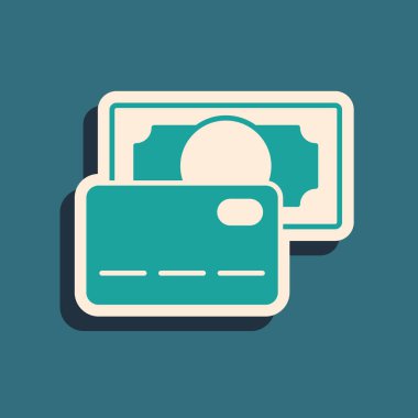 Yeşil kredi kartı simgesi yeşil arkaplanda izole edildi. Çevrimiçi ödeme. Nakit çekilmesi. Finansal operasyonlar. Alışveriş tabelası. Uzun gölge tarzı. Vektör