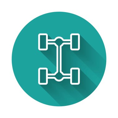 Beyaz çizgi Chassis araba simgesi uzun gölge arkaplan izole. Yeşil daire düğmesi. Vektör
