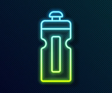 Parlayan neon hattı fitness karıştırıcı simgesi siyah arkaplanda izole edildi. Su ve protein kokteylleri için kapaklı spor karıştırıcı şişesi. Vektör