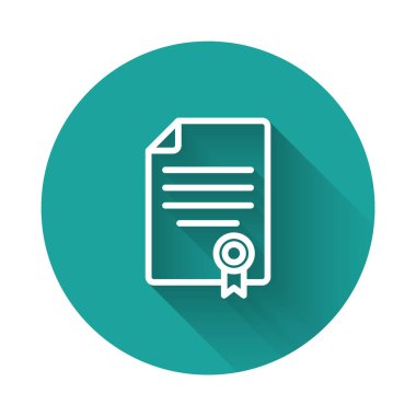 Beyaz Hat Sözleşmesi ikonu uzun gölgeli bir geçmişi var. Sözleşme oluşturma hizmeti, belge oluşumu, başvuru formu bileşimi. Yeşil daire düğmesi. Vektör