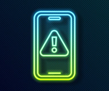 Siyah zemin üzerinde ünlem işareti simgesi olan parlak neon hattı cep telefonu. Uyarı mesajı akıllı telefon uyarısı. Vektör