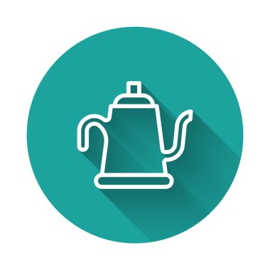 Beyaz çizgi, uzun gölge arkaplan ile izole edilmiş bir ikon. Sulama sembolü. Yeşil daire düğmesi. Vektör