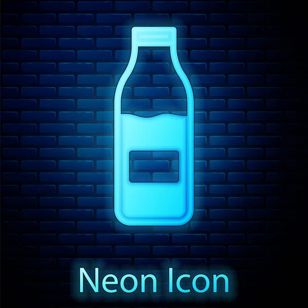 Glowing Neon Closed Glass Bottle Milk Icon Isolated Brick Wall — Stock Vector
