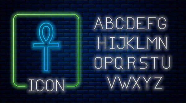 Lysende Neon Cross Ankh Ikon Isolert Murveggens Bakgrunn Neon Light – stockvektor