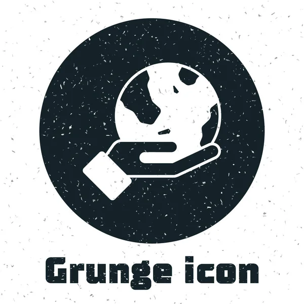 Grunge Mano Humana Sosteniendo Icono Del Globo Terráqueo Aislado Sobre — Vector de stock