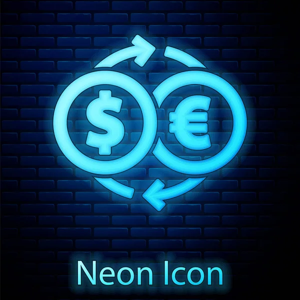 Светящийся Неоновый Значок Обмена Валюты Изолирован Фоне Кирпичной Стены Символ — стоковый вектор