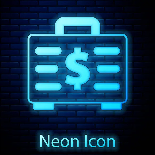 Leuchtende Neonfarbene Aktentasche Und Geldsymbol Isoliert Auf Backsteinwand Hintergrund Business — Stockvektor