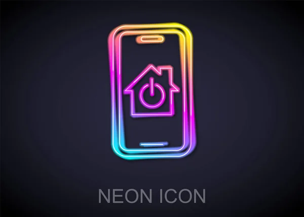 Gloeiende Neon Lijn Mobiele Telefoon Met Smart Home Icoon Geïsoleerd — Stockvector