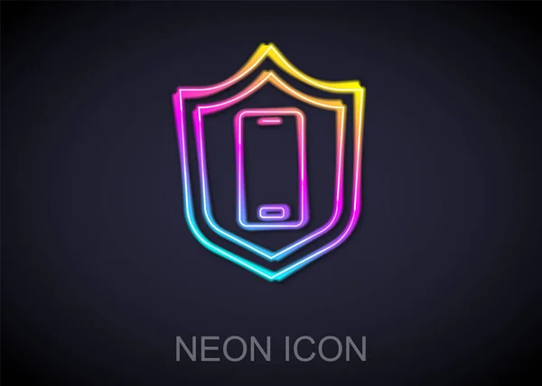 Zářící Neonová Linka Smartphone Mobilní Telefon Ikonou Bezpečnostního Štítu Izolované — Stockový vektor