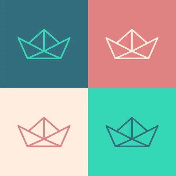 Pop Art Line Folded Paper Boat Icon Isolated Color Background — Stock Vector