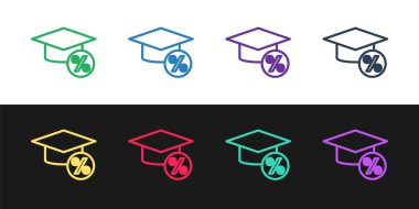 Mezuniyet şapkası ve madeni para simgesi siyah beyaz arkaplanda izole edildi. Eğitim ve para. Burs, kredi, harç ya da öğrenim ücreti kavramı. Vektör