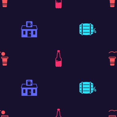 Tahta fıçıyı rafa kaldırın, bira dükkanı, plastik şişe ve bira pong oyununu pürüzsüz bir kalıba sokun. Vektör