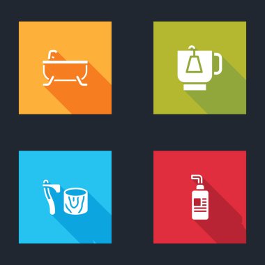 Küveti hazırla, çay poşetli çay, kütükte tahta balta ve krema ya da losyon kozmetik tüp ikonu. Vektör