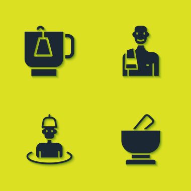 Çay poşeti, havan topu ve tokmak, saunadaki adam ve ikonla çay hazırla. Vektör