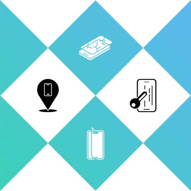 Telefon tamir servisini, cam ekran koruyucusunu, cep telefonunu bozuk ve simgeli ayarla. Vektör