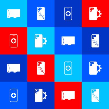 Mikro SD hafıza kartını, bozuk ekranlı cep telefonunu, telefon tamir servisini ve simgeyi ayarla. Vektör