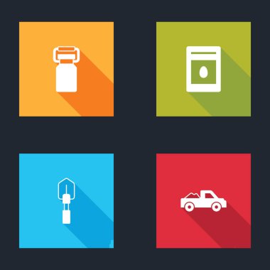 Süt için konteynır seti, bitki, kürek ve kamyonet ikonu dolu paketler. Vektör