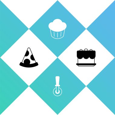 Pizza dilimi, pizza bıçağı, kek ve kek ikonu. Vektör