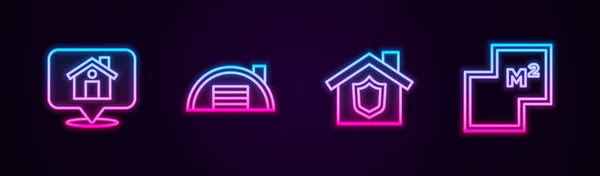 设置线路位置 包括房屋 房屋护盾和平面图 发光的霓虹灯图标 — 图库矢量图片