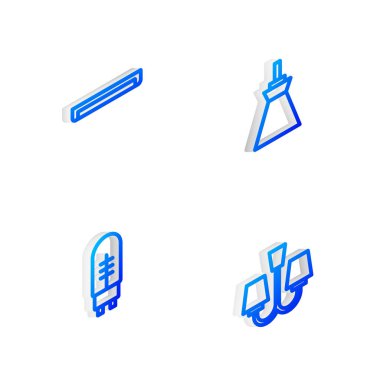 Isometric hattı lamba asma, floresan lamba, ışık yayan diyot ve avize ikonu ayarlayın. Vektör