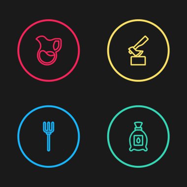 Sıralı bahçe yabası, bitki tohumları, tahta balta ve süt ikonlu sürahi bardakları. Vektör