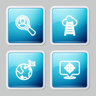 Arama için çizgi büyüteç, bitiş bayrağı olan merdiven, Gezegen ve Hedef simgesi. Vektör