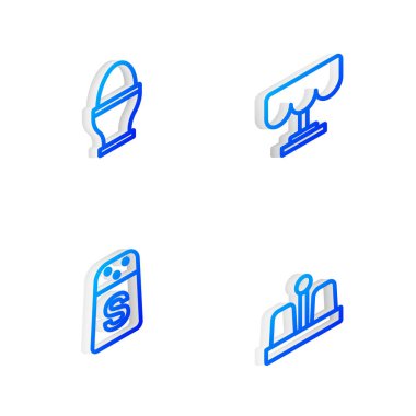 Isometric hattı ahşap masa, tavuk yumurtası, tuz ve biber ikonu. Vektör