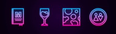 Restoran menüsü, şarap bardağı, peynir ve tuvalet. Parlayan neon ikonu. Vektör
