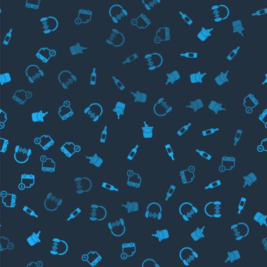 Kulaklık ve ses dalgalarını ayarlayın, bir şişe şarap, kova ve takvim saatini kusursuz desenlere ayarlayın. Vektör.