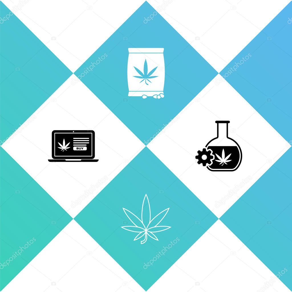Set Online buying marijuana, Marijuana or cannabis leaf, seeds and Test tube with icon. Vector.
