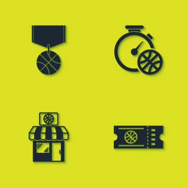 Basketbol madalyası, maç bileti, spor mağazası, basketbol ve ikonlu Stopwatch. Vektör.