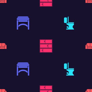 Tuvalet kapağını, sandalyeyi, rafı ve kanepeyi pürüzsüz bir düzene sokun. Vektör.