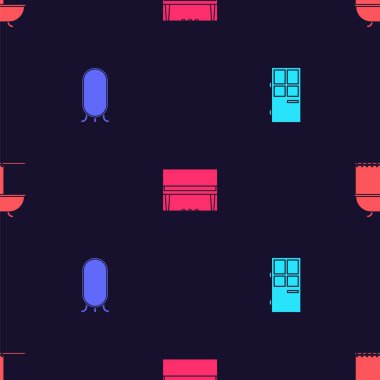 Kapalı kapı, büyük boy ayna, kuyruklu piyano ve duş perdesi pürüzsüz olan küvet. Vektör.