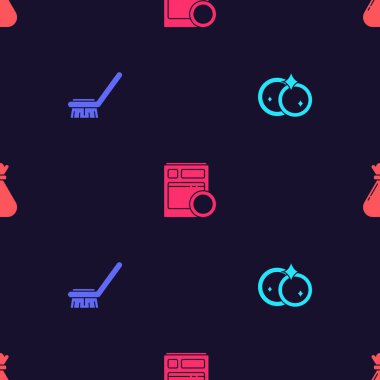 Bulaşık makinesini, temizlik fırçasını, bulaşık makinesini ve çöp torbasını kusursuz desenlere ayarlayın. Vektör.
