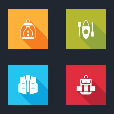 Kamp fenerini, kanoyu, balıkçı ceketini ve sırt çantası ikonunu hazırla. Vektör.