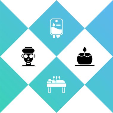 Yüz kozmetik maskesini, akupunktur terapisini, serum torbasını ve Aroma mum ikonunu hazırlayın. Vektör.