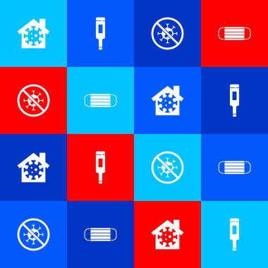 Evde kalın, tıbbi termometreyi, virüsü ve koruyucu maske ikonunu durdurun. Vektör.