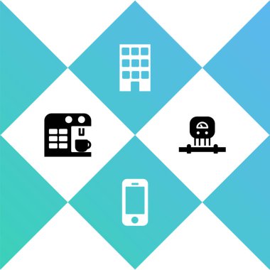 Kahve makinesini, akıllı telefonu, evi ve sensör simgesini ayarla. Vektör.