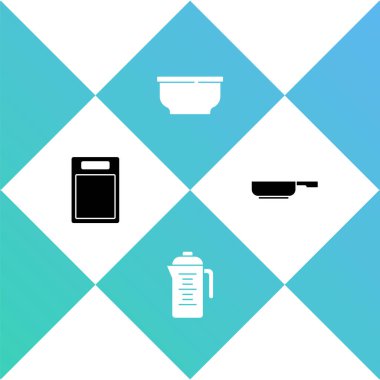 Kesme tahtası, çaydanlık, kase ve tava simgesi. Vektör.