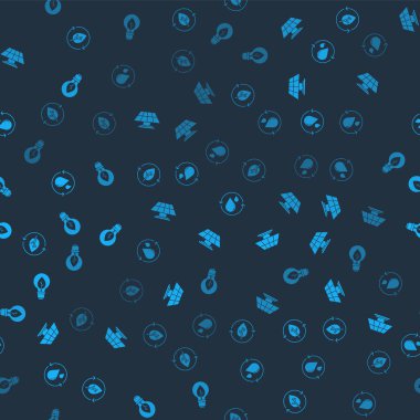 Geri dönüşüm ve yaprağı, güneş enerjisi panelini, temiz su ve ampulü pürüzsüz desenli olarak ayarla. Vektör.